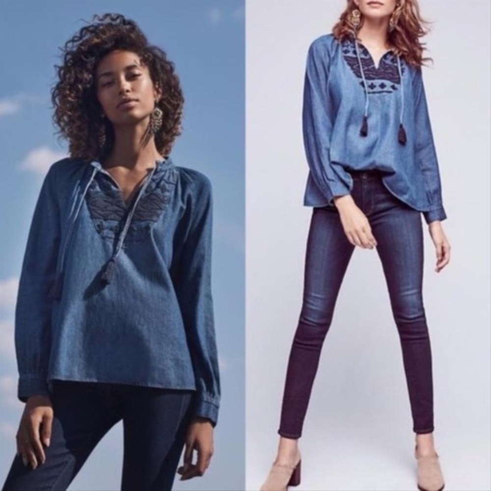Blue Anthro Denim Chambray Embroidered Swing Tassel Blouse
